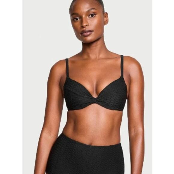 Victoria's Secret Swim Mix & Match textured Twist Push-Up Bikini Top Black 32DD - Picture 1 of 6